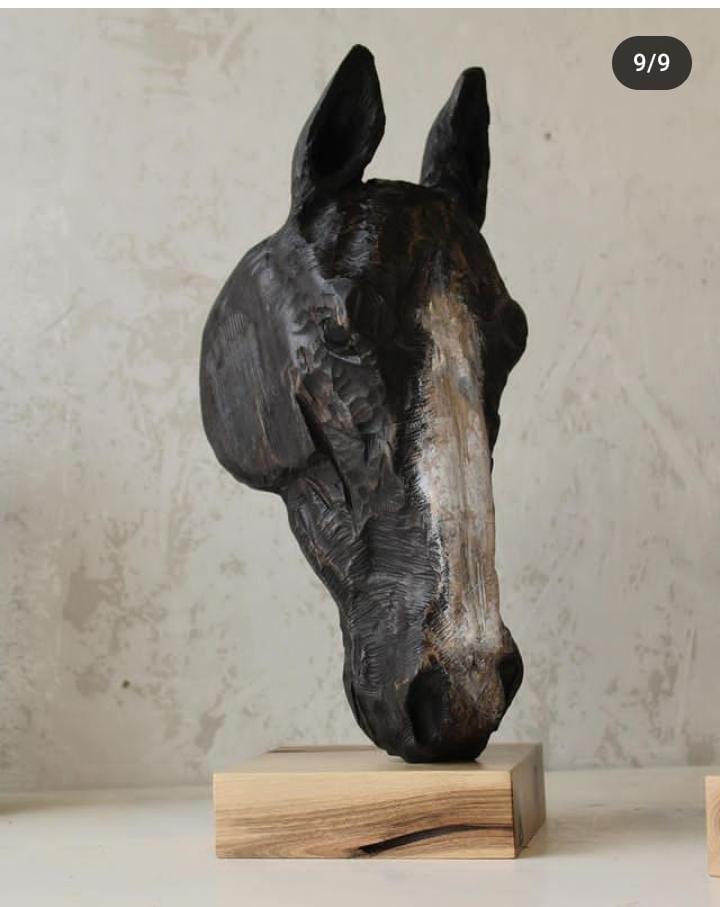 Carved wooden horse head sculpture on wood block base — Aryaveil India